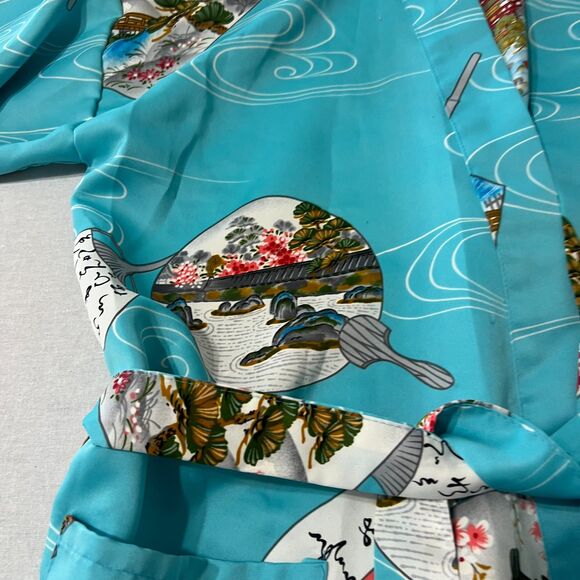 Other - Vintage Japanese Style Kimono Robe Turquoise Fan Garden Print Belted One Size